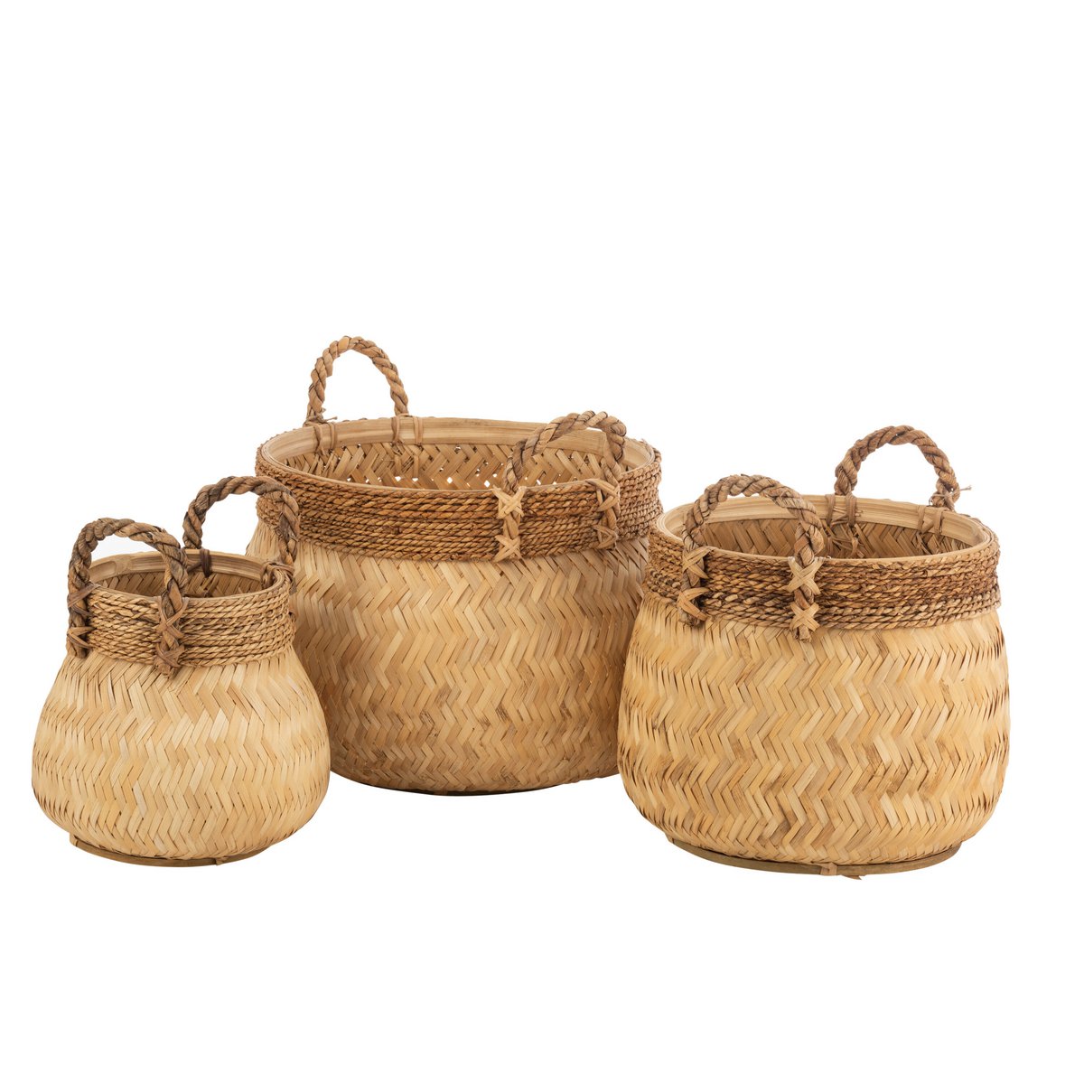 J-Line Set Van 3 Manden+Handvat Bol Bamboe+Touw Naturel Small