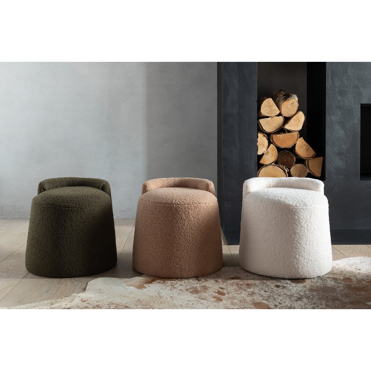 J-Line Poef Teddy Rond+Rugleuing Bouclé Groen
