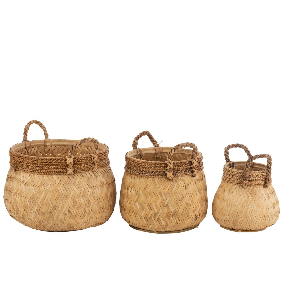 J-Line Set Van 3 Manden+Handvat Bol Bamboe+Touw Naturel Small