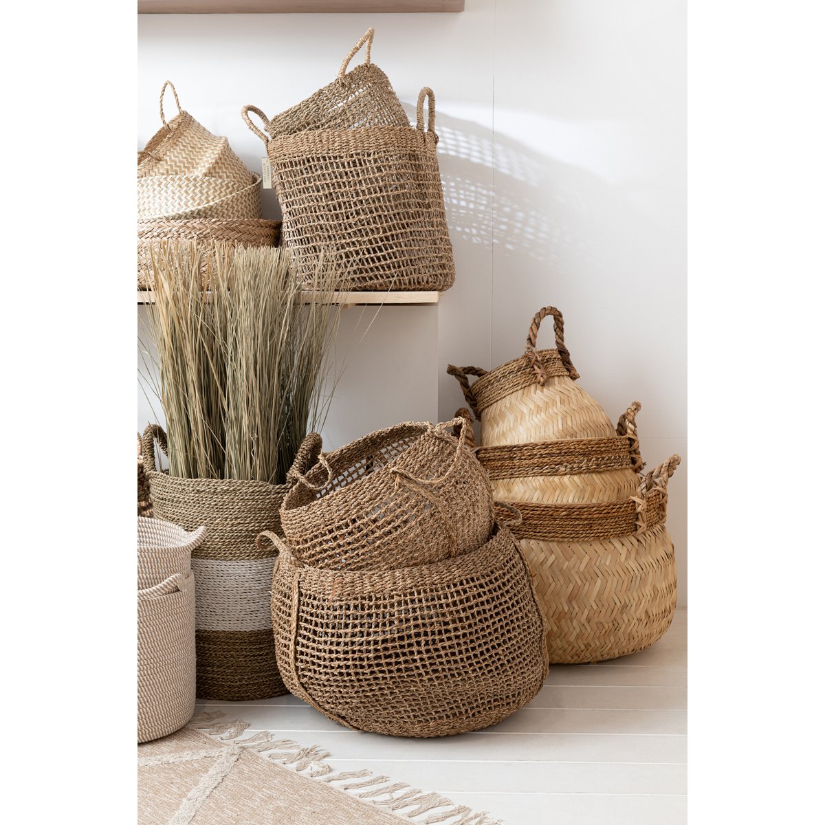 J-Line Set Van 3 Manden+Handvat Bol Bamboe+Touw Naturel Small
