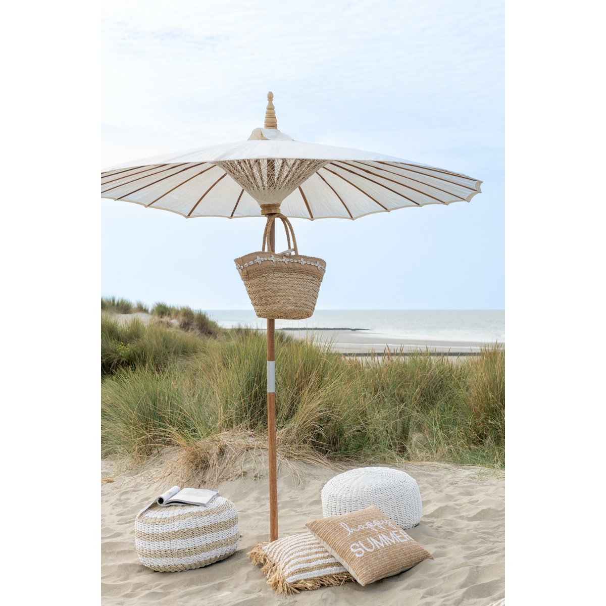 J-Line Poef Rond Geweven Plastiek Wit