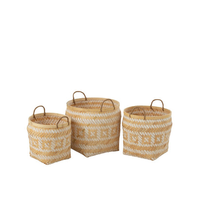 J-Line mand Patronen Handvaten - bamboe - naturel/wit - 3 stuks