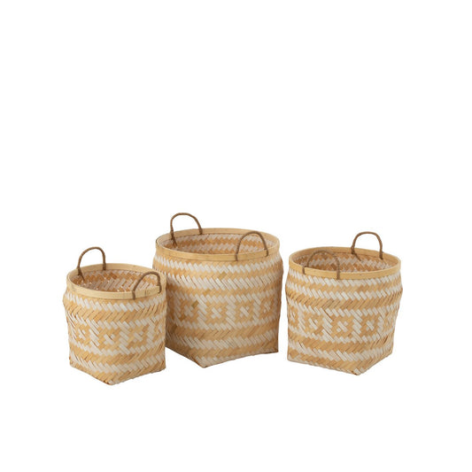 J-Line mand Patronen Handvaten - bamboe - naturel/wit - 3 stuks