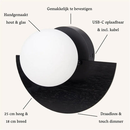 Kane zwarte draadloze wandlamp – oplaadbare hout- en glaslamp