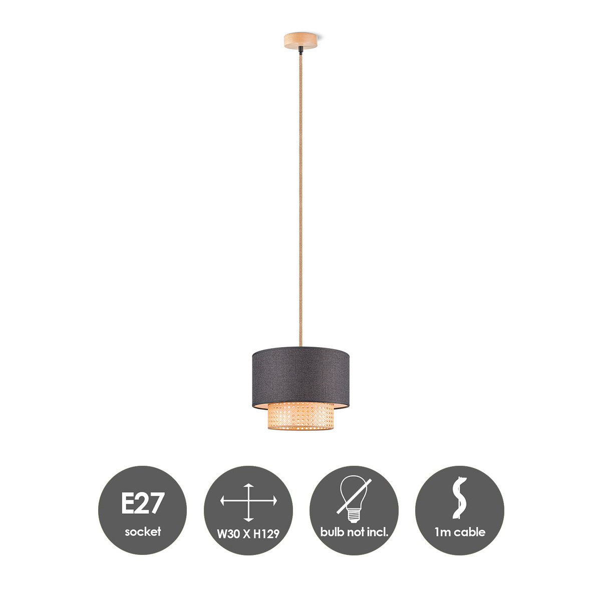 Home Sweet Home Hanglamp Cane Weave - Zwart - 30x30x129cm