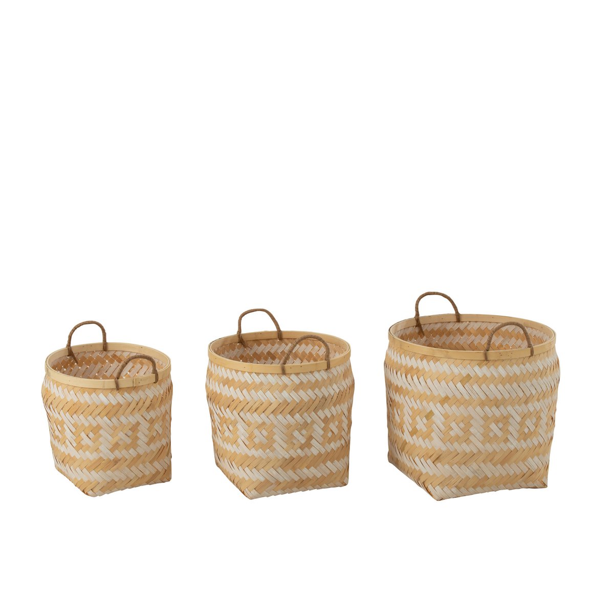 J-Line mand Patronen Handvaten - bamboe - naturel/wit - 3 stuks