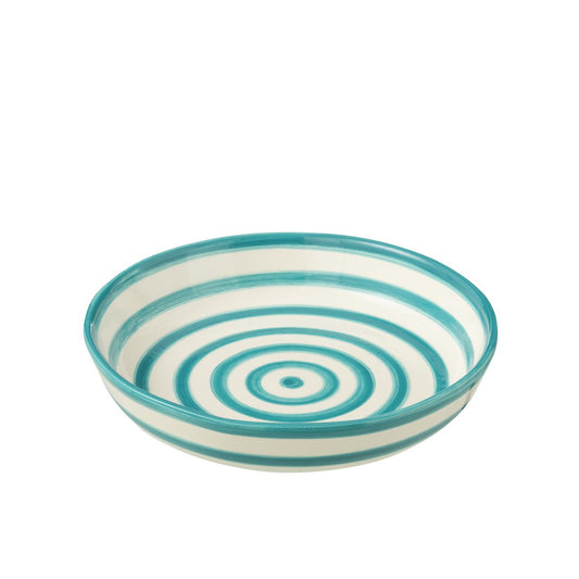 J-Line Kom Granada Stripes Laag Keramiek Wit/Aqua Groot
