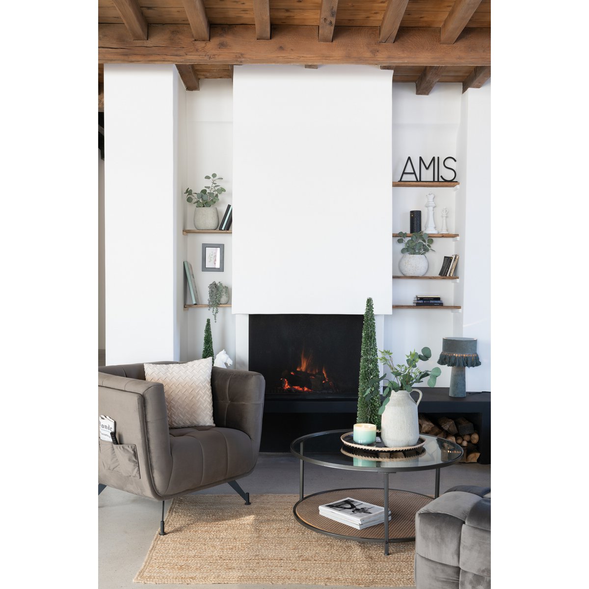 J-Line Lounge Zetel 1-Zit Textiel/Hout/Metaal Donker Grijs