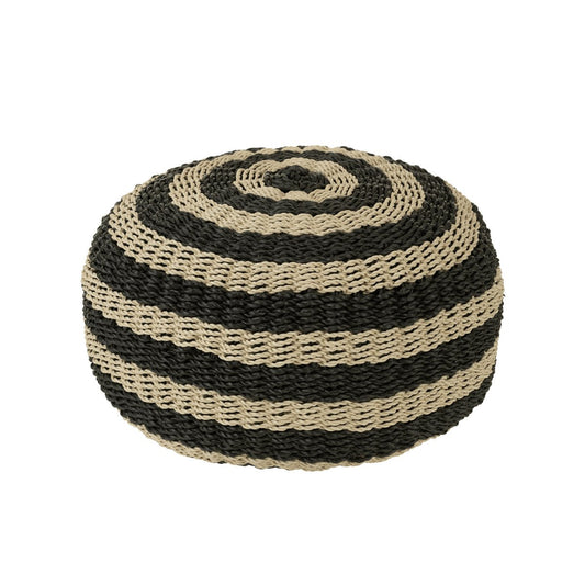 J-Line Pouf Rond Strepen Geweven Plastiek Zwart/Naturel