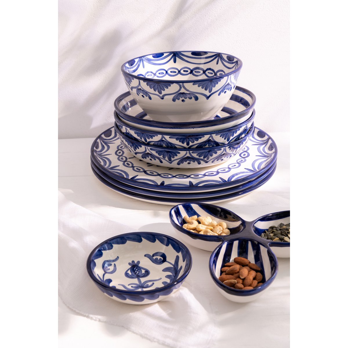 J-Line Lebrillo Schaal Granada Keramiek Wit/Kobaltoblauw